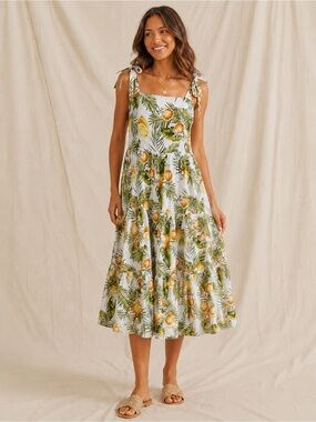 Tie-Shoulder Midi Dress in White and Green Lemon Tropical Print Size M Medium